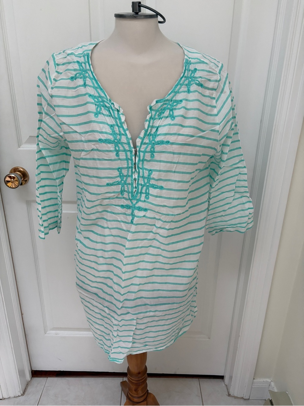 Joe Fresh White & Aqua Striped Embroidered Swim Coverup Tunic